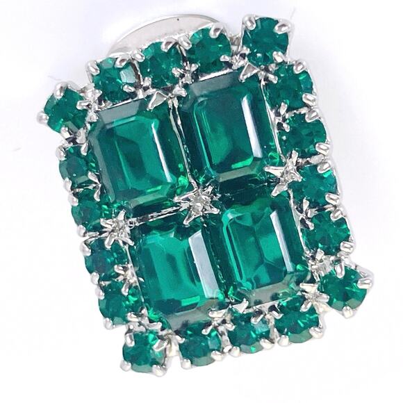 Emerald Green Rhinestone Necklace & Clip Earrings Set Mid Century Revival Parure - Picture 8 of 14